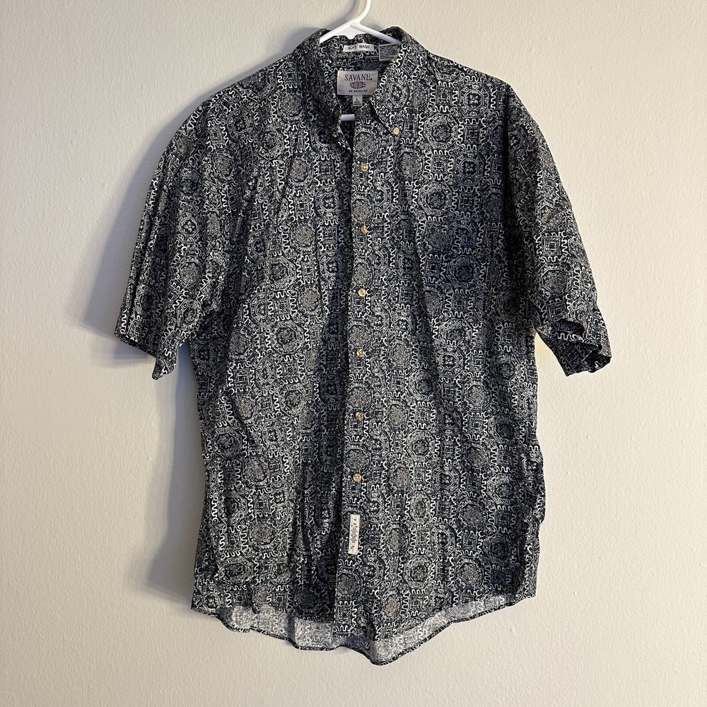 Mens Savane Button-up Short Sleeve Shirt Soft Wash Blue Paisley  Size Large